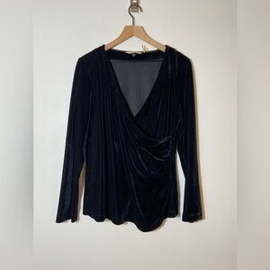 Soft Surroundings Black Velvet Deep V-Neck Top Blouse Sz L Long Sleeve